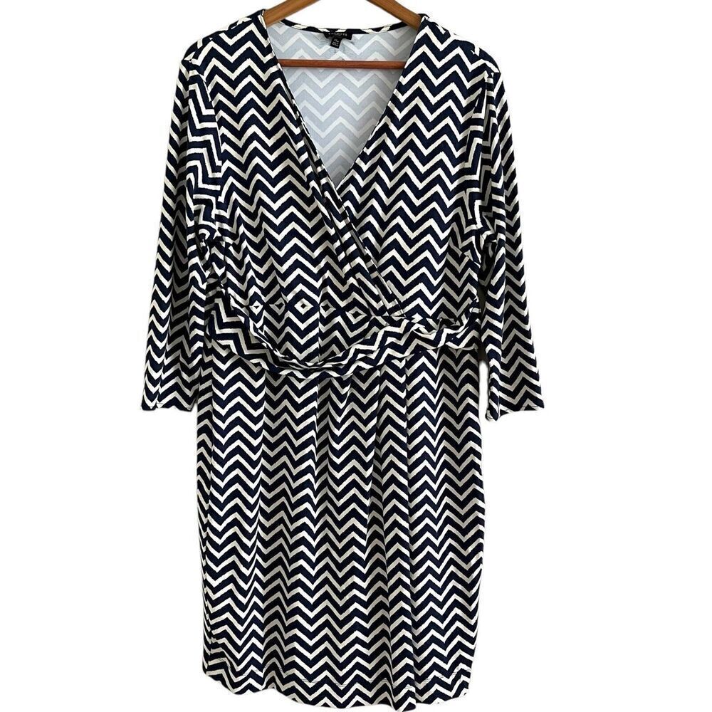 Talbots Chevron Print Belted Slinky Dress XLP Navy Jersey Office Nautical Coast - Picture 2 of 13